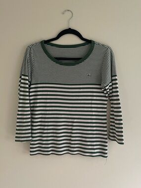 Lacoste Green and White Striped 3/4 Sleeve Tee